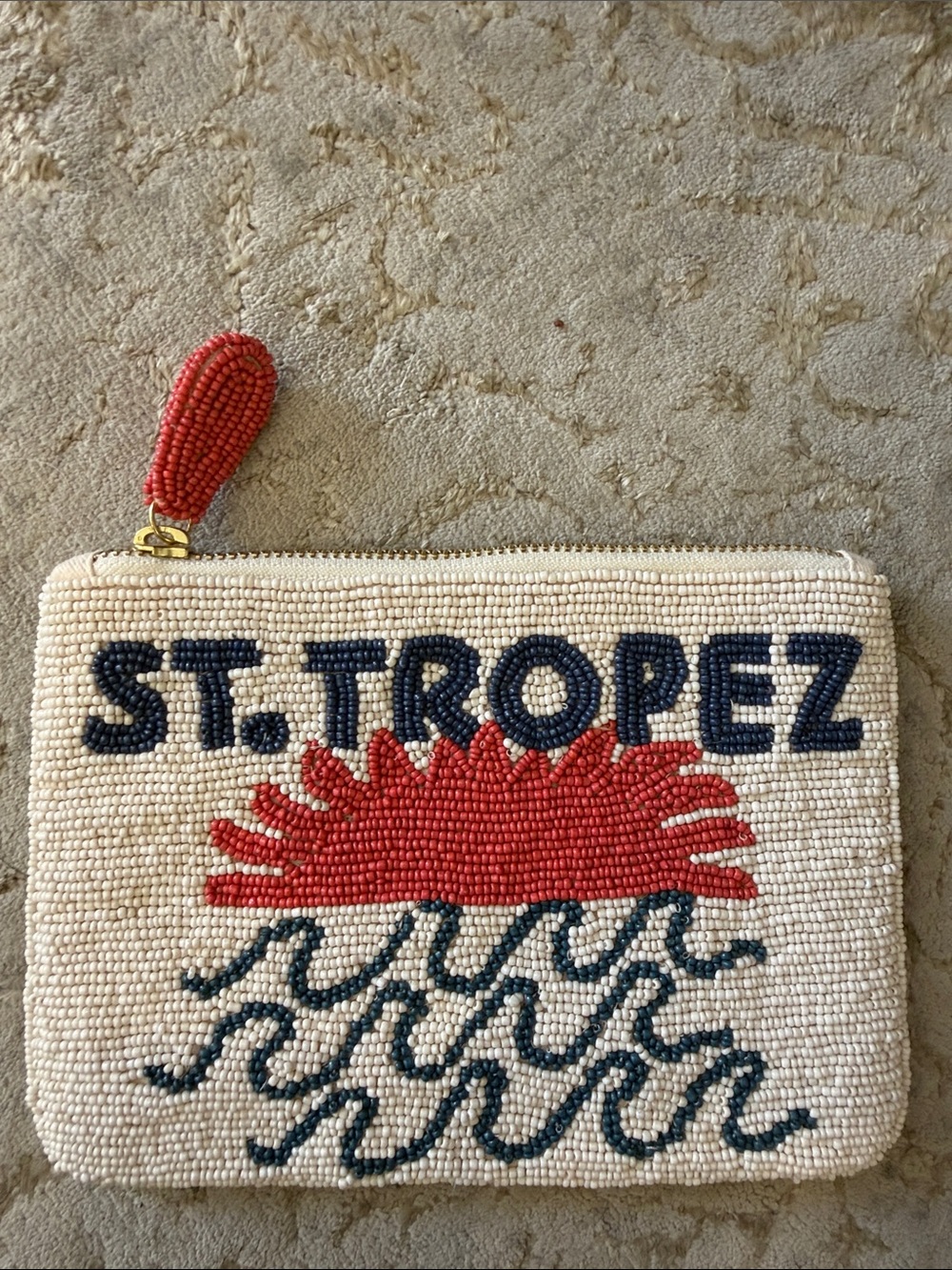 Anthropologie Beaded Cream Clutch with Red & Navy Motif